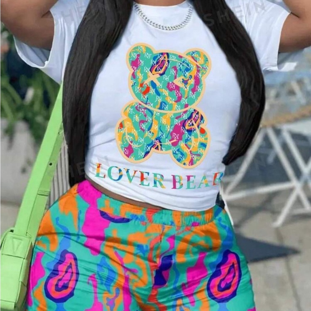Colorful Bear Graphic Tee and Shorts Set